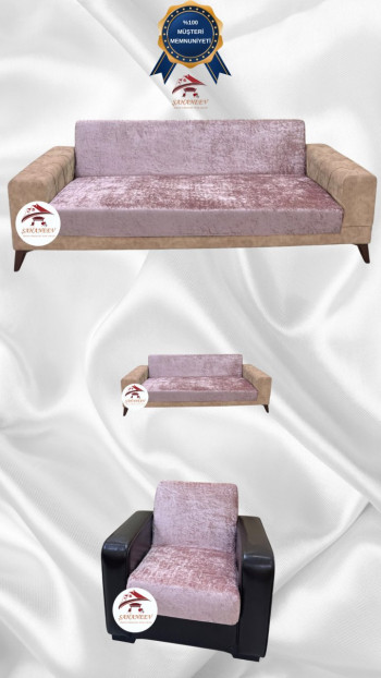 Parlak Kadife Kolsuz Koltuk Örtüsü - Işıltılı Geometrik Desenli Koruyucu Pudra Renk 3+2+1 (3 Parça Set)