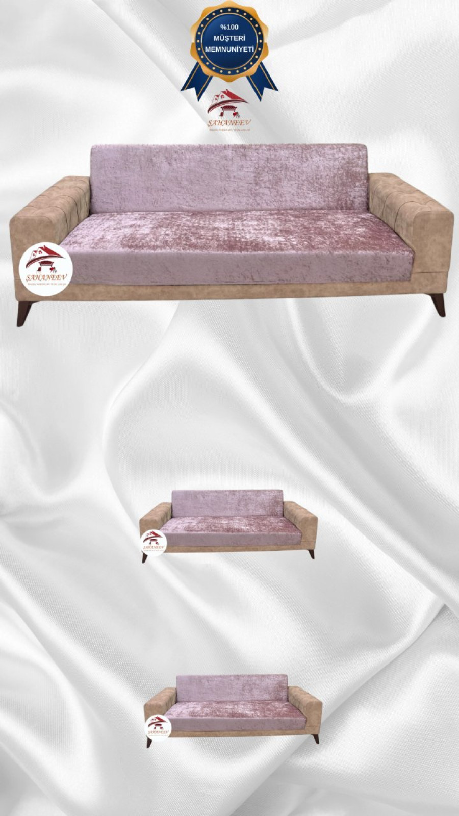 Parlak Kadife Kolsuz Koltuk Örtüsü - Işıltılı Geometrik Desenli Koruyucu Pudra Renk 3+2+2 (3 Parça Set) Özel Ölçü