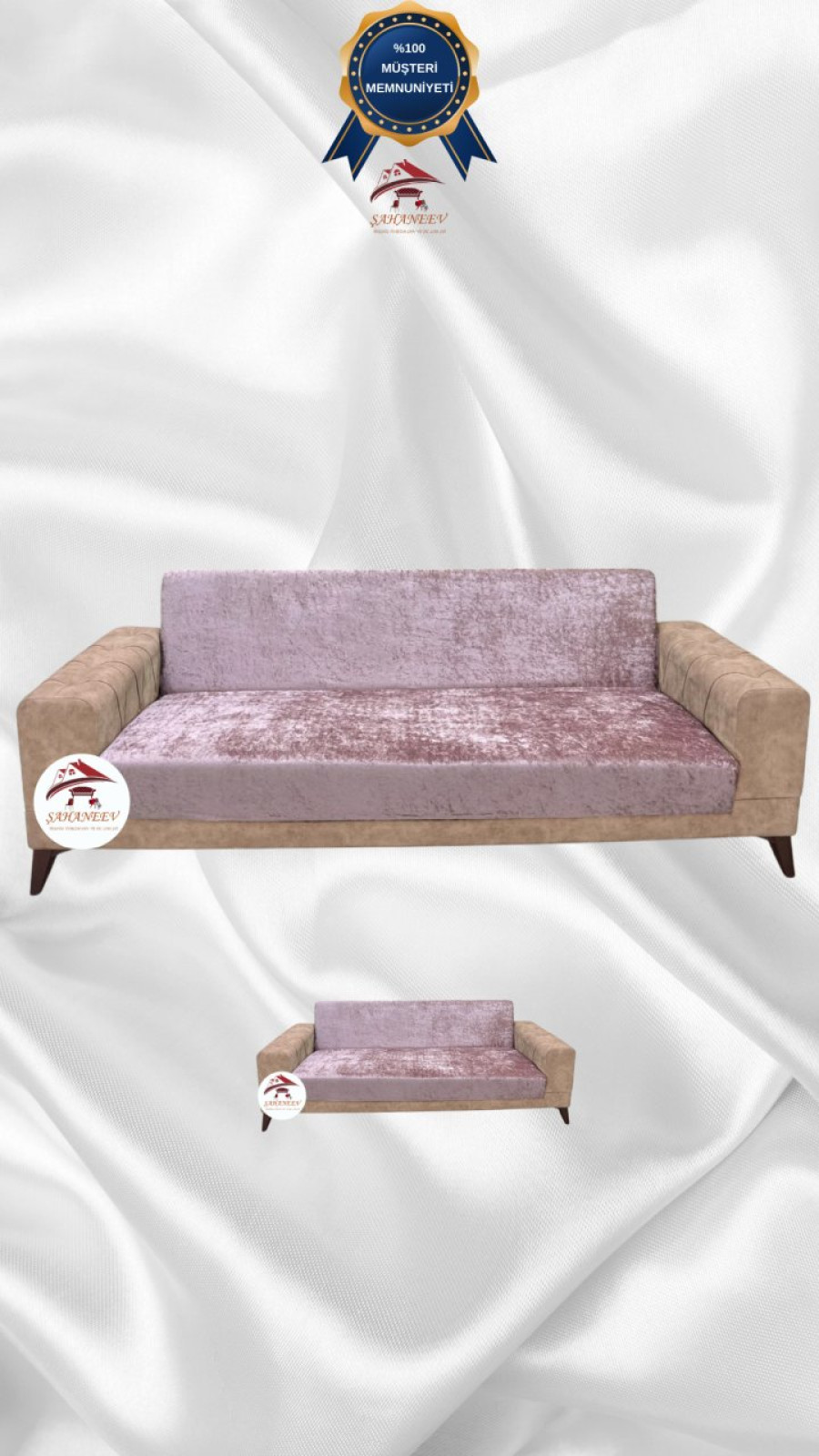 Parlak Kadife Kolsuz Koltuk Örtüsü - Işıltılı Geometrik Desenli Koruyucu Pudra Renk 3+2 (2 Parça Set) Özel Ölçü