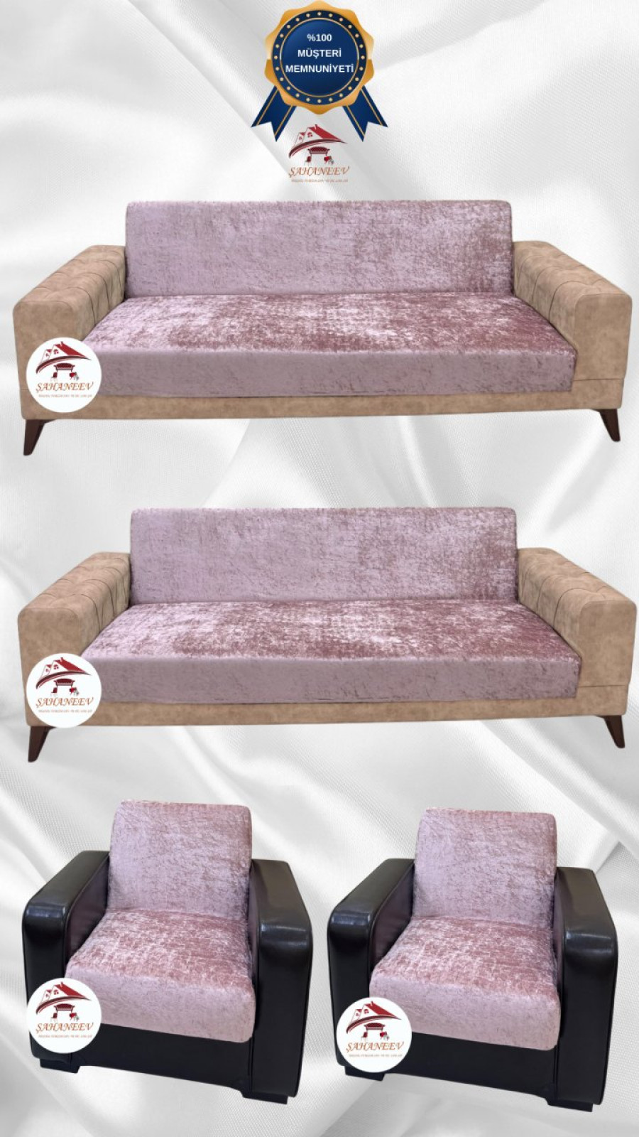 Parlak Kadife Kolsuz Koltuk Örtüsü - Işıltılı Geometrik Desenli Koruyucu Pudra Renk 3+3+1+1 (4 Parça Set) Özel Ölçü