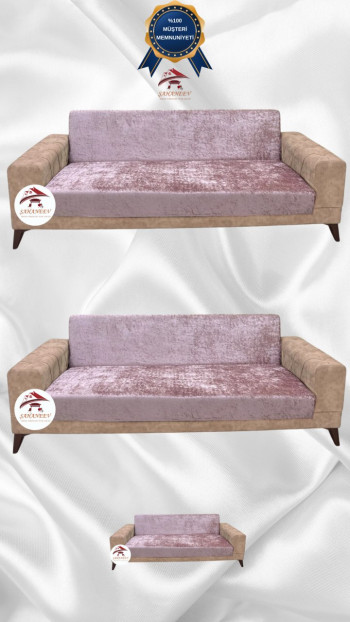 Parlak Kadife Kolsuz Koltuk Örtüsü - Işıltılı Geometrik Desenli Koruyucu Pudra Renk 3+3+2 (3 Parça Set)