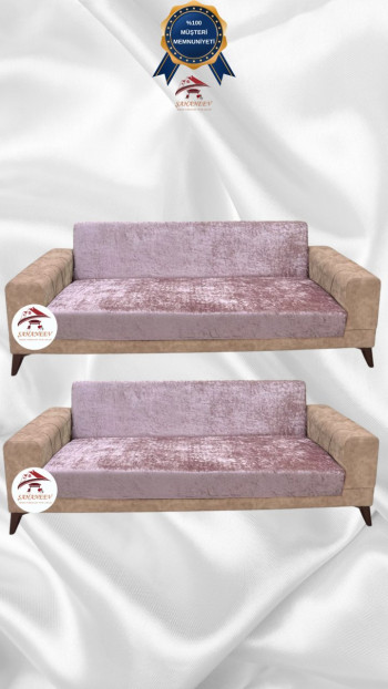 Parlak Kadife Kolsuz Koltuk Örtüsü - Işıltılı Geometrik Desenli Koruyucu Pudra Renk 3+3 (2 Parça Set)