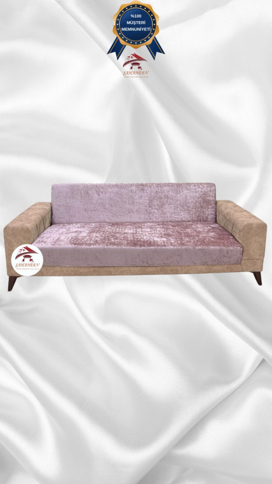 Parlak Kadife Kolsuz Koltuk Örtüsü - Işıltılı Geometrik Desenli Koruyucu Pudra Renk 3'lü Set (1 Parça)