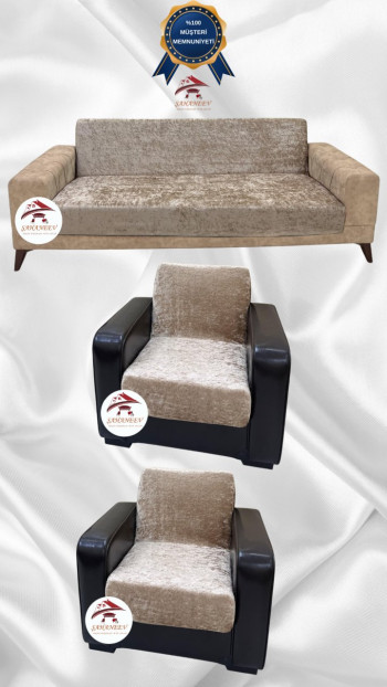 Parlak Kadife Kolsuz Koltuk Örtüsü - Işıltılı Geometrik Desenli Koruyucu Vizon Renk 3+1+1 (3 Parça Set)