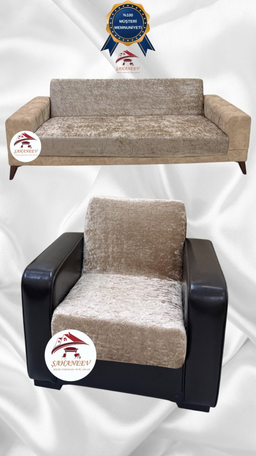 Parlak Kadife Kolsuz Koltuk Örtüsü - Işıltılı Geometrik Desenli Koruyucu Vizon Renk 3+1 (2 Parça Set)