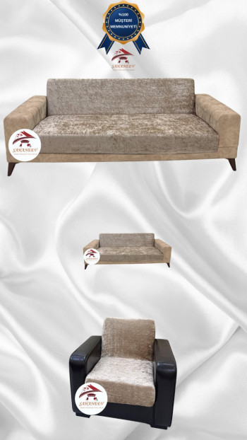 Parlak Kadife Kolsuz Koltuk Örtüsü - Işıltılı Geometrik Desenli Koruyucu Vizon Renk 3+2+1 (3 Parça Set)