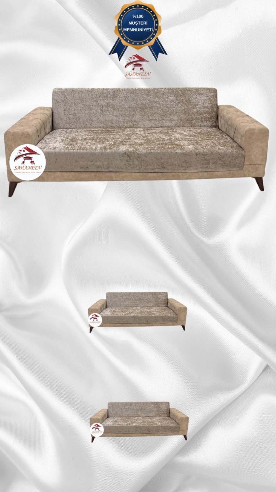 Parlak Kadife Kolsuz Koltuk Örtüsü - Işıltılı Geometrik Desenli Koruyucu Vizon Renk 3+2+2 (3 Parça Set) Özel Ölçü