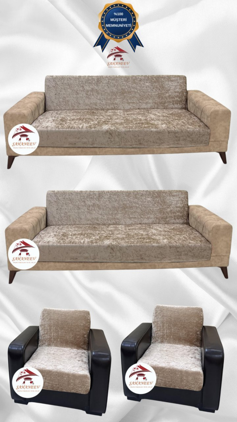 Parlak Kadife Kolsuz Koltuk Örtüsü - Işıltılı Geometrik Desenli Koruyucu Vizon Renk 3+3+1+1 (4 Parça Set)