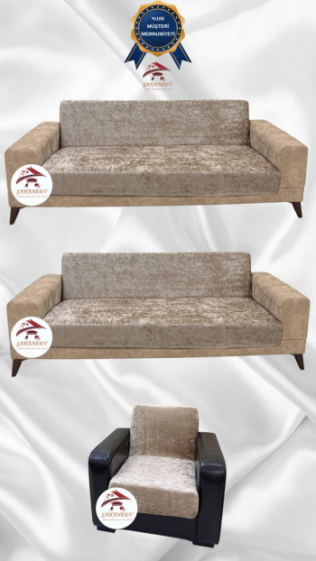 Parlak Kadife Kolsuz Koltuk Örtüsü - Işıltılı Geometrik Desenli Koruyucu Vizon Renk 3+3+1 (3 Parça Set)