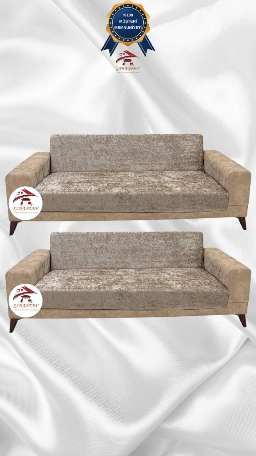 Parlak Kadife Kolsuz Koltuk Örtüsü - Işıltılı Geometrik Desenli Koruyucu Vizon Renk 3+3 (2 Parça Set)