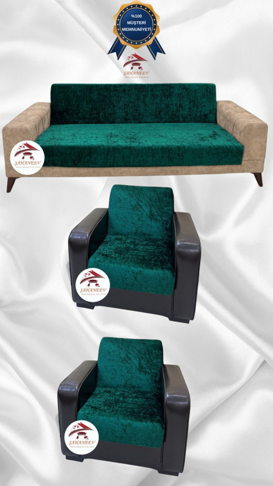 Parlak Kadife Kolsuz Koltuk Örtüsü - Işıltılı Geometrik Desenli Koruyucu Zümrüt Yeşili Renk 3+1+1 (3 Parça Set)