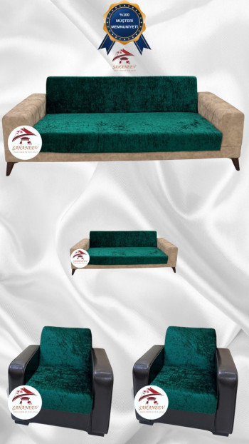 Parlak Kadife Kolsuz Koltuk Örtüsü - Işıltılı Geometrik Desenli Koruyucu Zümrüt Yeşili Renk 3+2+1+1 (4 Parça Set)