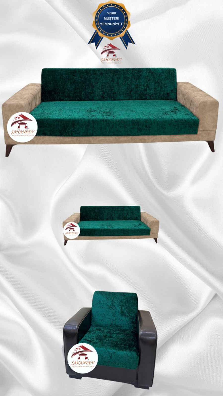 Parlak Kadife Kolsuz Koltuk Örtüsü - Işıltılı Geometrik Desenli Koruyucu Zümrüt Yeşili Renk 3+2+1 (3 Parça Set)