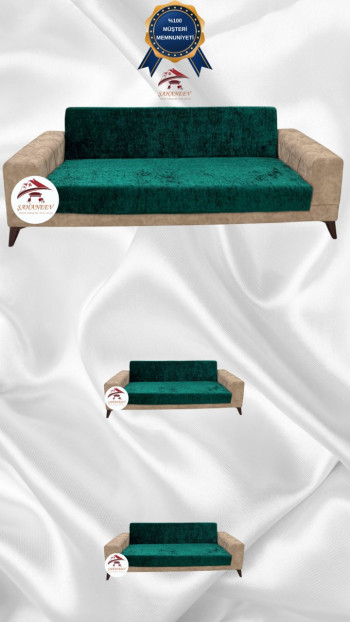 Parlak Kadife Kolsuz Koltuk Örtüsü - Işıltılı Geometrik Desenli Koruyucu Zümrüt Yeşili Renk 3+2+2 (3 Parça Set)