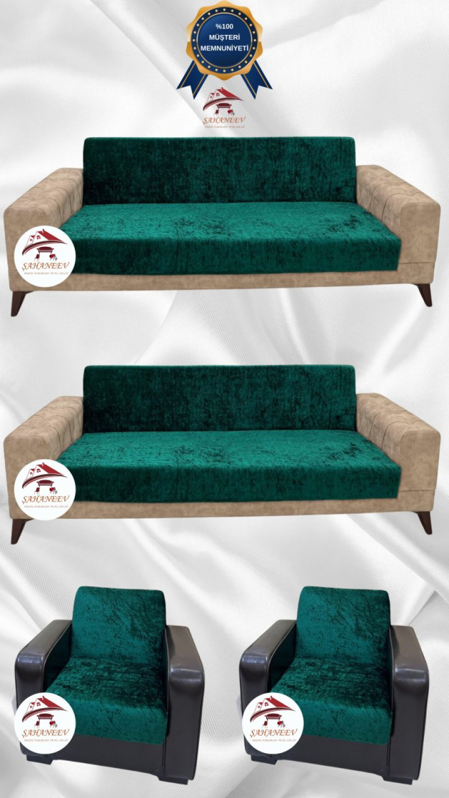Parlak Kadife Kolsuz Koltuk Örtüsü - Işıltılı Geometrik Desenli Koruyucu Zümrüt Yeşili Renk 3+3+1+1 (4 Parça Set) Özel Ölçü