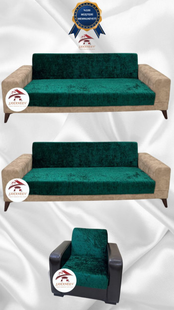 Parlak Kadife Kolsuz Koltuk Örtüsü - Işıltılı Geometrik Desenli Koruyucu Zümrüt Yeşili Renk 3+3+1 (3 Parça Set)