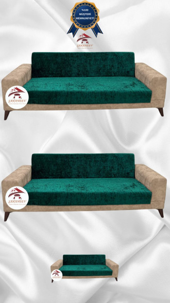 Parlak Kadife Kolsuz Koltuk Örtüsü - Işıltılı Geometrik Desenli Koruyucu Zümrüt Yeşili Renk 3+3+2 (3 Parça Set)