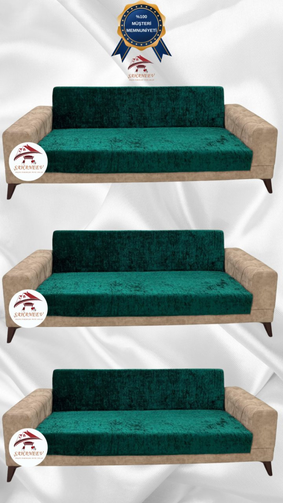 Shiny Velvet Armless Sofa Cover - Sparkly Geometric Pattern Protector Emerald Color 3+3+3 (3 Piece Set)