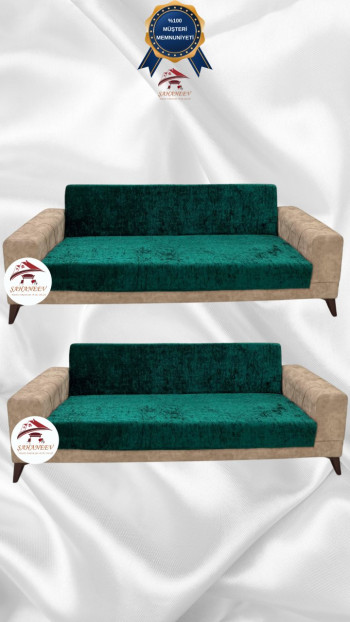Parlak Kadife Kolsuz Koltuk Örtüsü - Işıltılı Geometrik Desenli Koruyucu Zümrüt Yeşili Renk 3+3 (2 Parça Set)