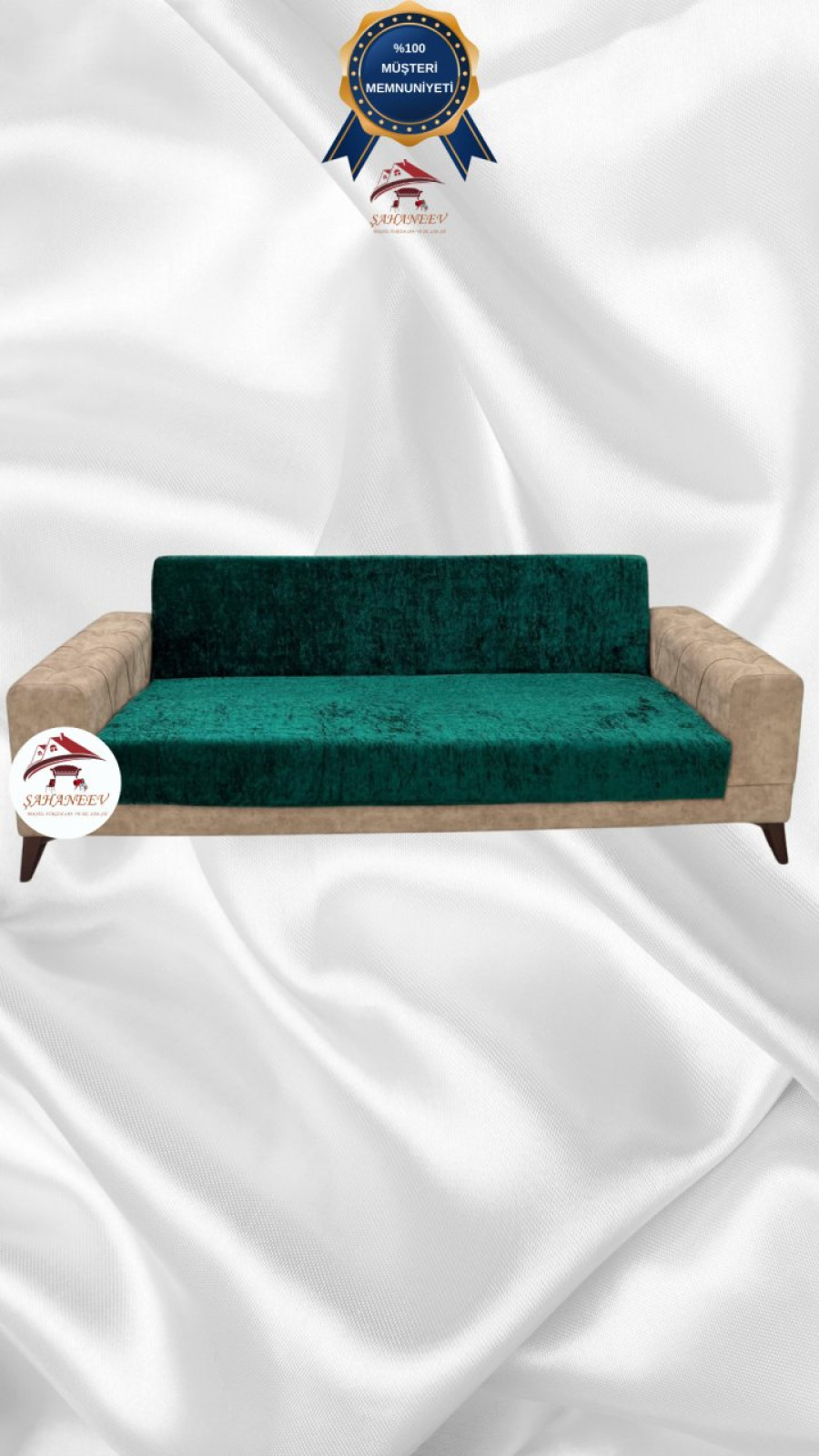 Parlak Kadife Kolsuz Koltuk Örtüsü - Işıltılı Geometrik Desenli Koruyucu Zümrüt Yeşili Renk 3'lü Set (1 Parça)