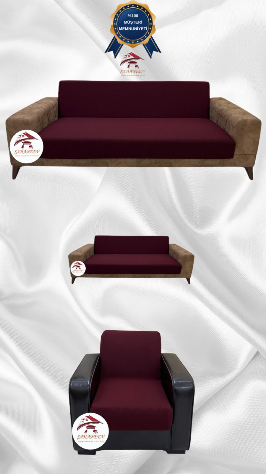Mikro Kumaş Lastikli Kolsuz Koltuk Örtüsü - Kaymaz Elastik Koltuk Koruyucu Bordo Renk 3+2+1 (3 Parça Set) Özel Ölçü