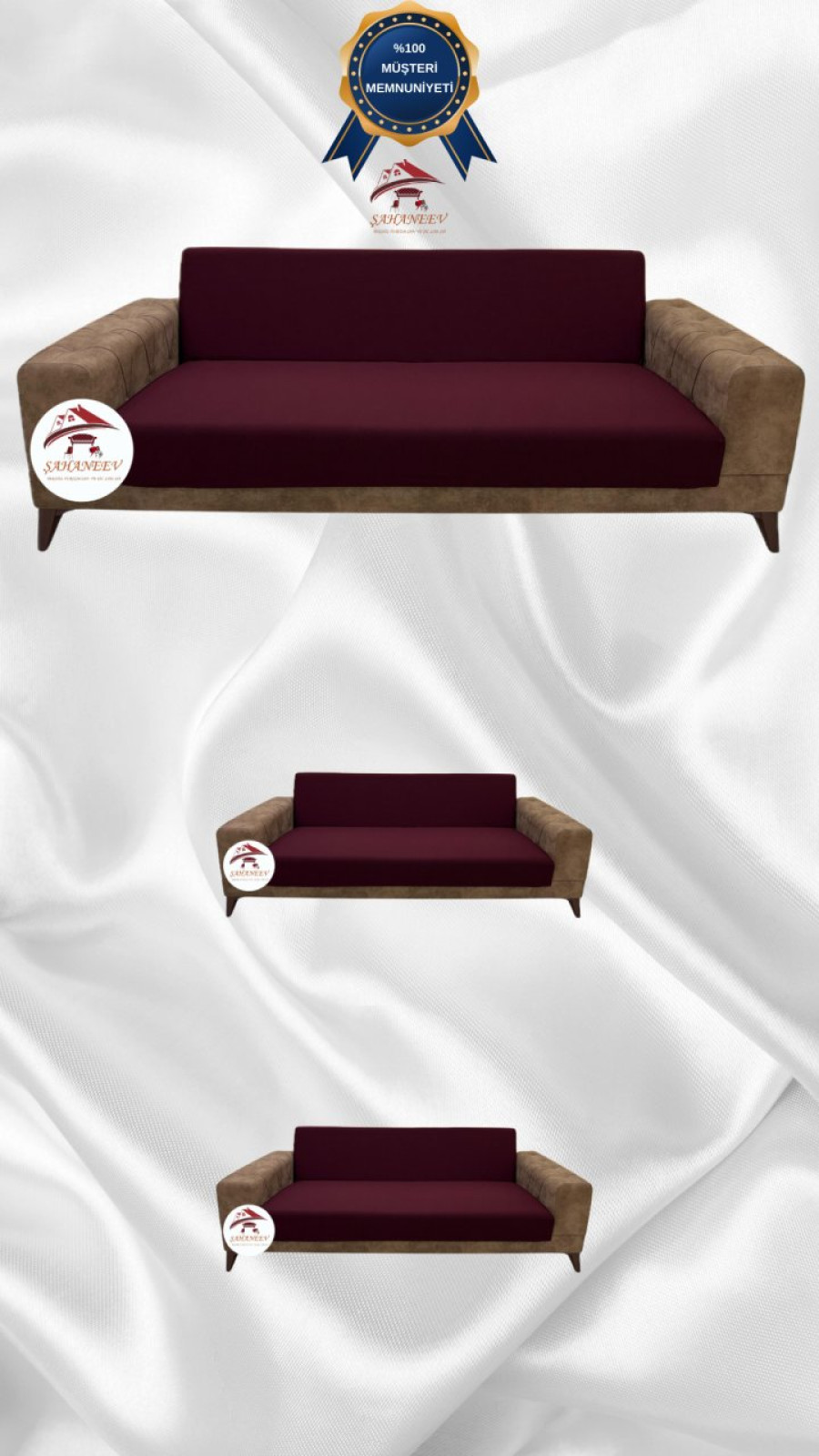 Mikro Kumaş Lastikli Kolsuz Koltuk Örtüsü - Kaymaz Elastik Koltuk Koruyucu Bordo Renk 3+2+2 (3 Parça Set)