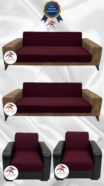 Mikro Kumaş Lastikli Kolsuz Koltuk Örtüsü - Kaymaz Elastik Koltuk Koruyucu Bordo Renk 3+3+1+1 (4 Parça Set)