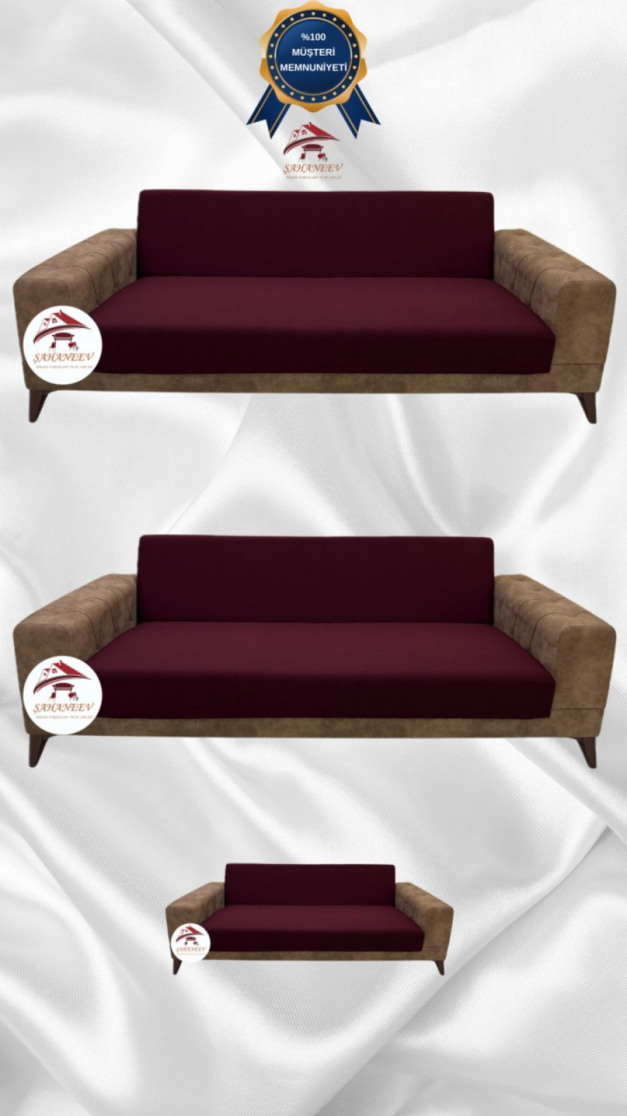 Mikro Kumaş Lastikli Kolsuz Koltuk Örtüsü - Kaymaz Elastik Koltuk Koruyucu Bordo Renk 3+3+2 (3 Parça Set)