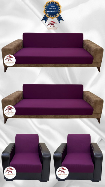 Mikro Kumaş Lastikli Kolsuz Koltuk Örtüsü - Kaymaz Elastik Koltuk Koruyucu Fuşya Renk 3+3+1+1 (4 Parça Set)