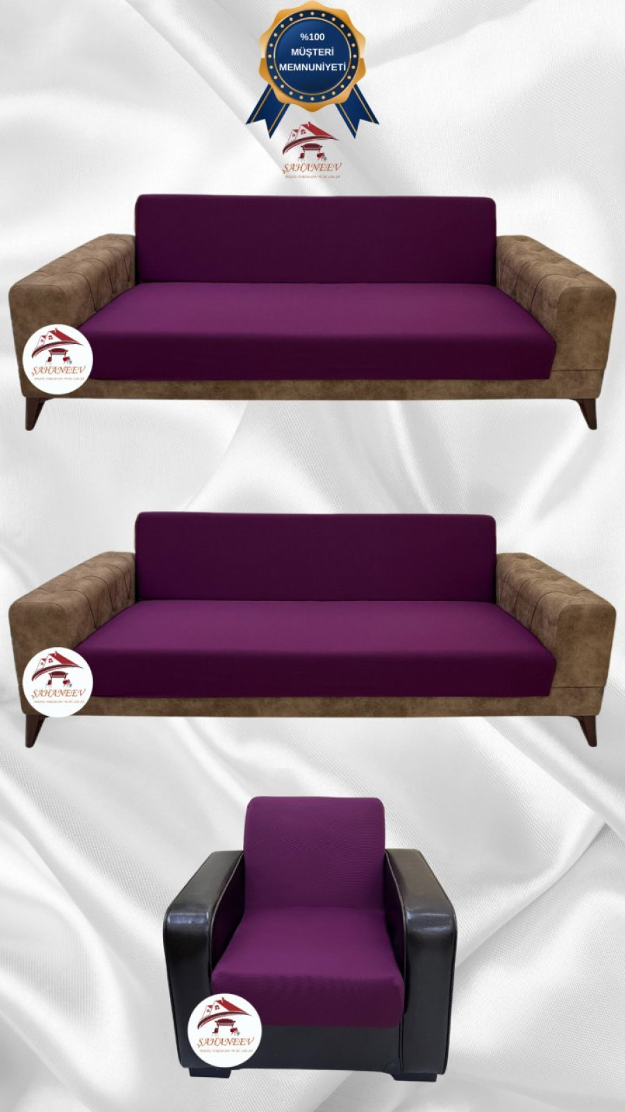 Mikro Kumaş Lastikli Kolsuz Koltuk Örtüsü - Kaymaz Elastik Koltuk Koruyucu Fuşya Renk 3+3+1 (3 Parça Set) Özel Ölçü