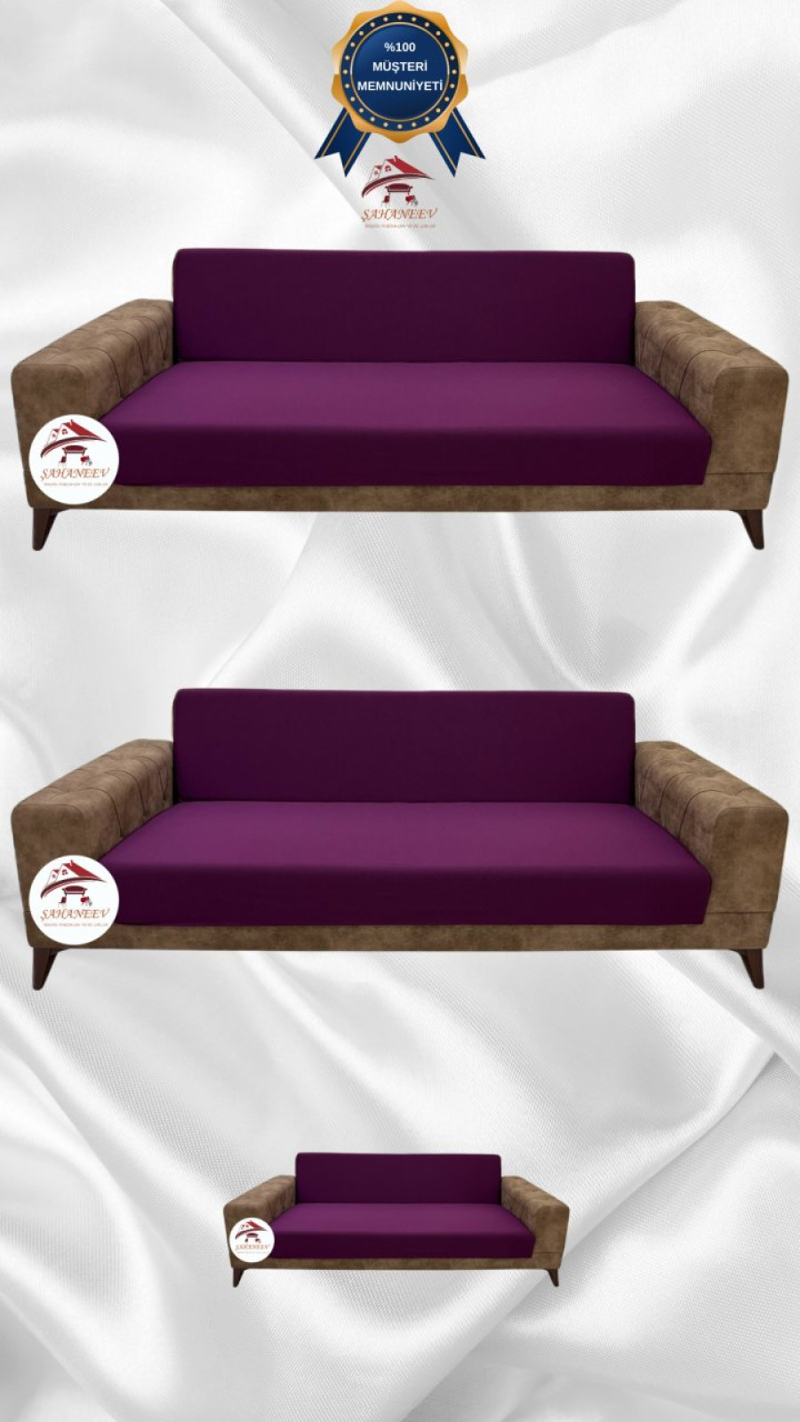 Mikro Kumaş Lastikli Kolsuz Koltuk Örtüsü - Kaymaz Elastik Koltuk Koruyucu Fuşya Renk 3+3+2 (3 Parça Set)