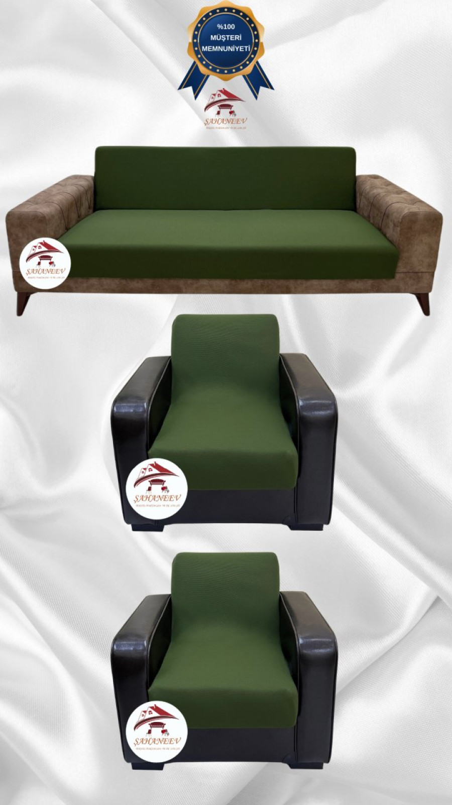 Mikro Kumaş Lastikli Kolsuz Koltuk Örtüsü - Kaymaz Elastik Koltuk Koruyucu Haki Yeşili Renk 3+1+1 (3 Parça Set)
