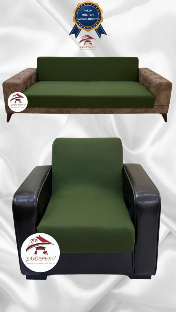 Mikro Kumaş Lastikli Kolsuz Koltuk Örtüsü - Kaymaz Elastik Koltuk Koruyucu Haki Yeşili Renk 3+1 (2 Parça Set)