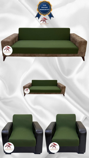Micro Fabric Elastic Armless Sofa Cover - Non-Slip Elastic Sofa Protector Khaki Green Color 3+2+1+1 (4 Piece Set)