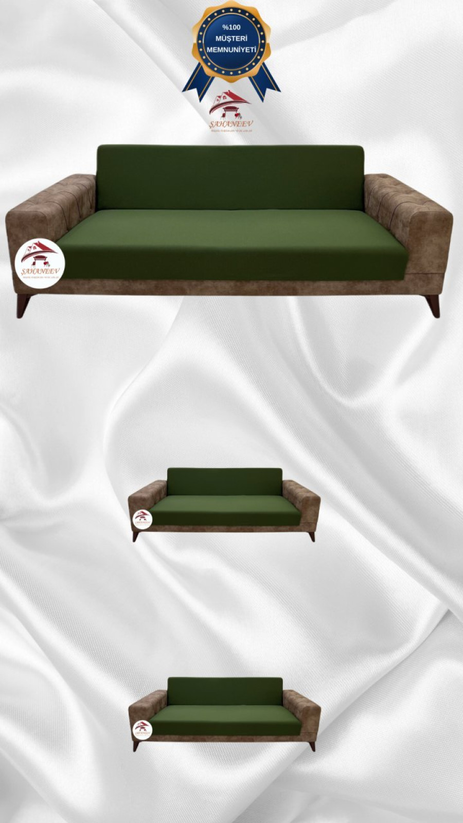 Mikro Kumaş Lastikli Kolsuz Koltuk Örtüsü - Kaymaz Elastik Koltuk Koruyucu Haki Yeşili Renk 3+2+2 (3 Parça Set)