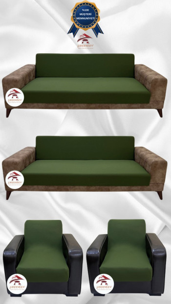 Mikro Kumaş Lastikli Kolsuz Koltuk Örtüsü - Kaymaz Elastik Koltuk Koruyucu Haki Yeşili Renk 3+3+1+1 (4 Parça Set)