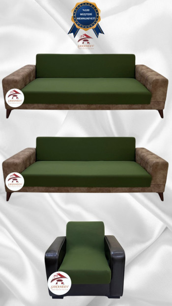 Mikro Kumaş Lastikli Kolsuz Koltuk Örtüsü - Kaymaz Elastik Koltuk Koruyucu Haki Yeşili Renk 3+3+1 (3 Parça Set)