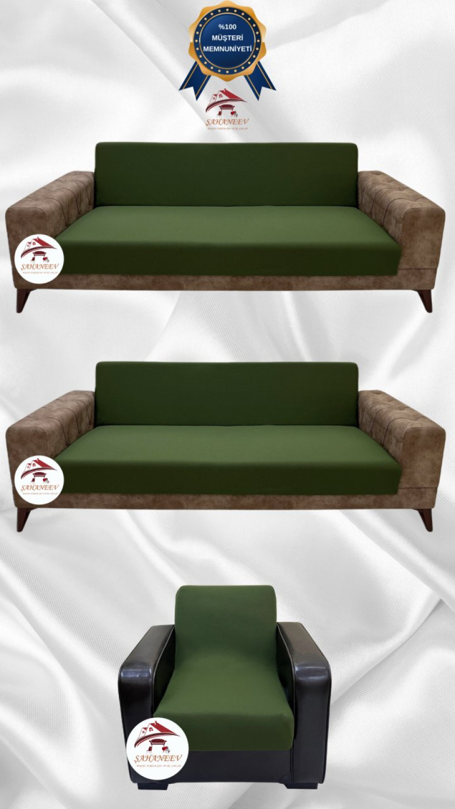 Mikro Kumaş Lastikli Kolsuz Koltuk Örtüsü - Kaymaz Elastik Koltuk Koruyucu Haki Yeşili Renk 3+3+1 (3 Parça Set) Özel Ölçü