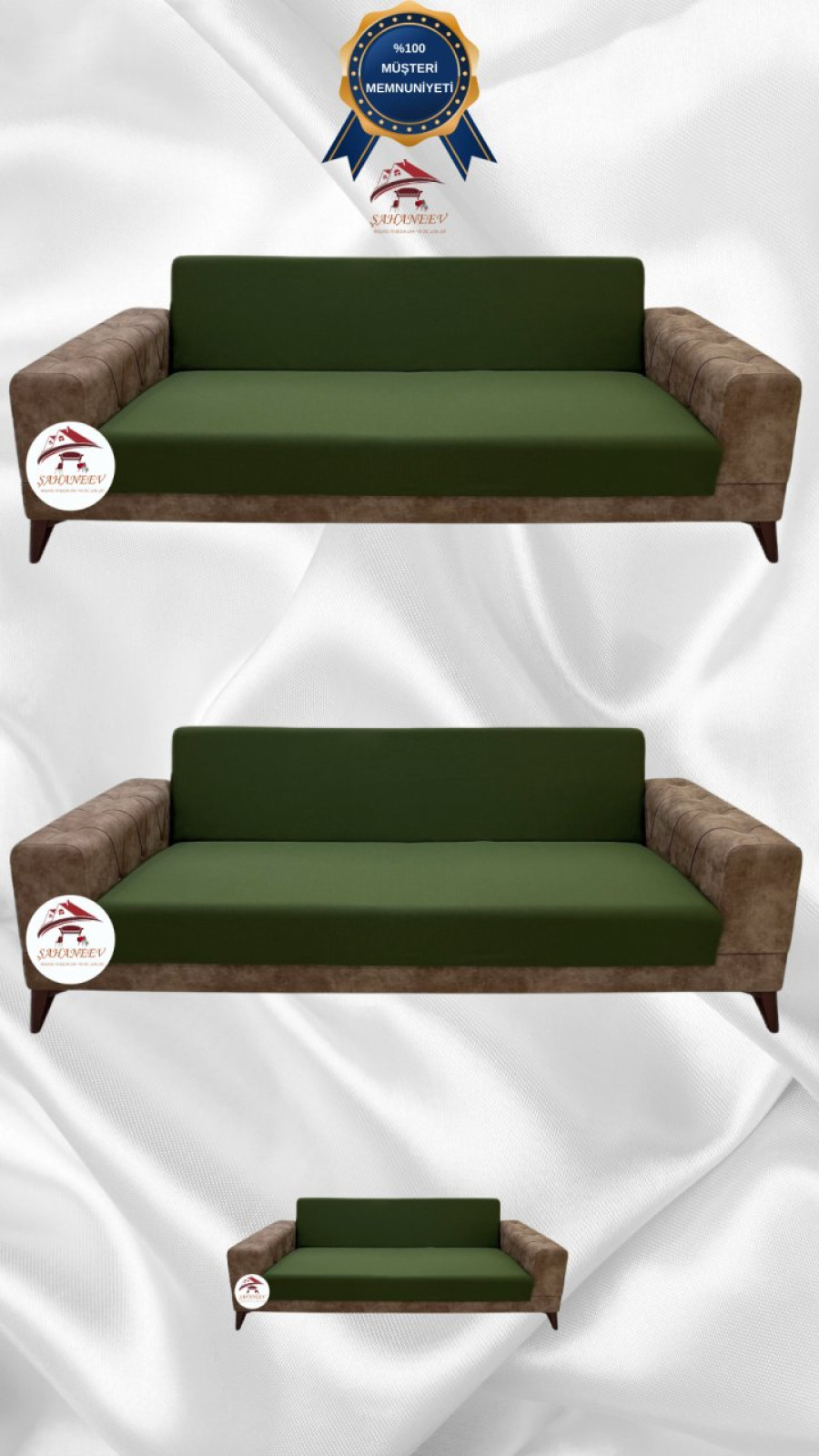Mikro Kumaş Lastikli Kolsuz Koltuk Örtüsü - Kaymaz Elastik Koltuk Koruyucu Haki Yeşili Renk 3+3+2 (3 Parça Set)