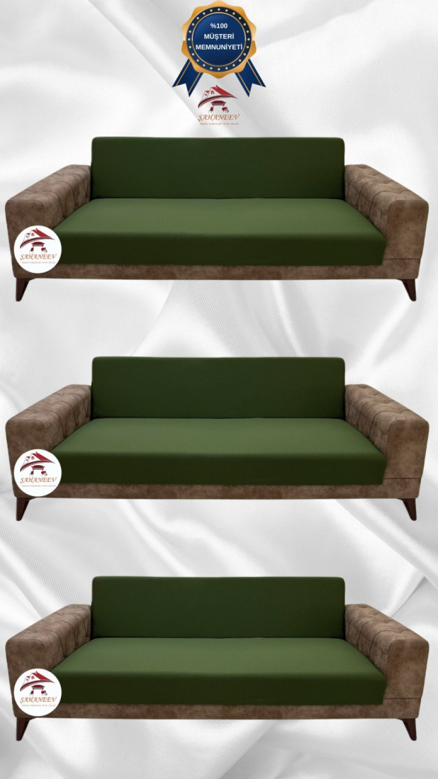 Mikro Kumaş Lastikli Kolsuz Koltuk Örtüsü - Kaymaz Elastik Koltuk Koruyucu Haki Yeşili Renk 3+3+3 (3 Parça Set)