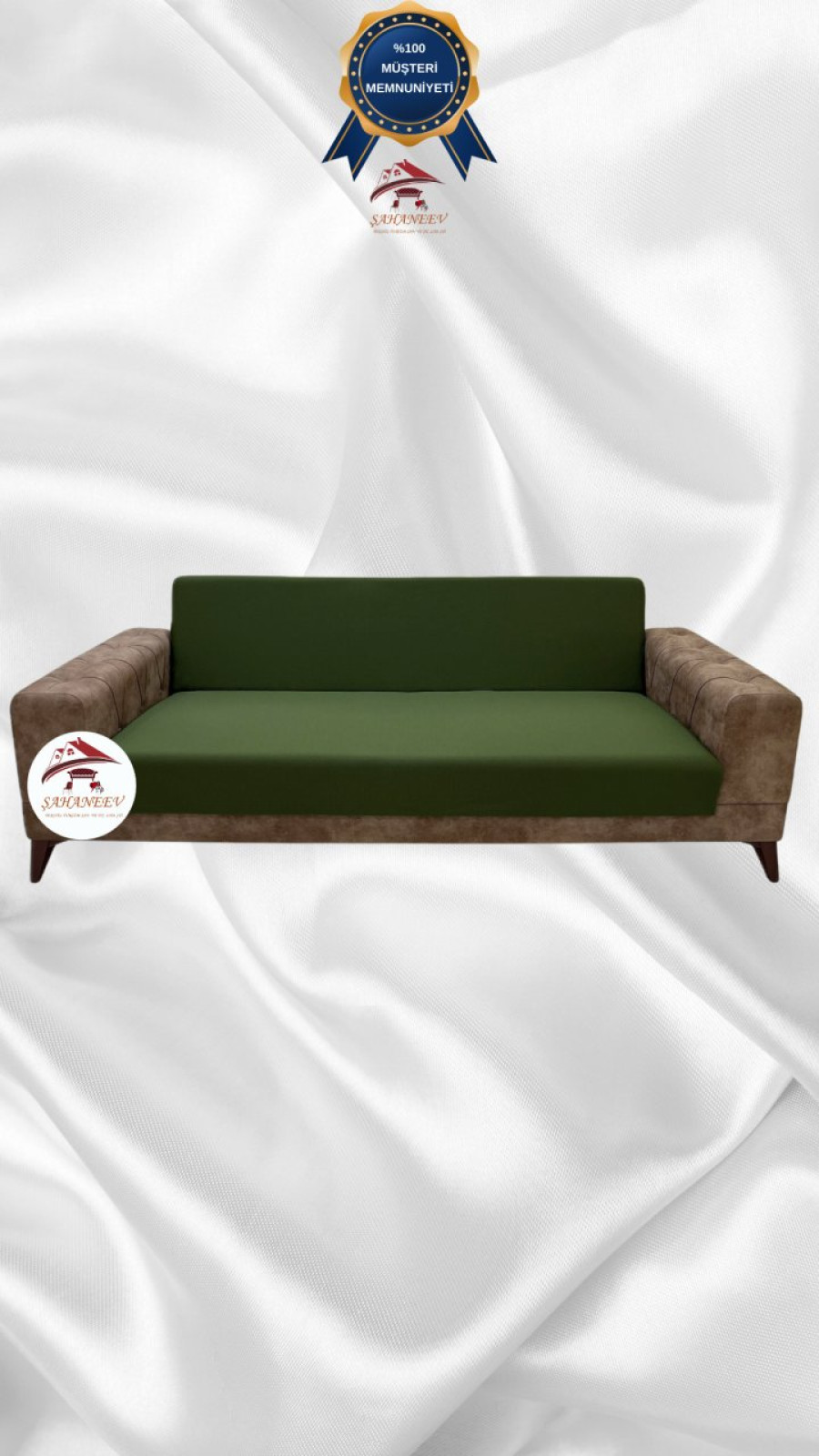 Mikro Kumaş Lastikli Kolsuz Koltuk Örtüsü - Kaymaz Elastik Koltuk Koruyucu Haki Yeşili Renk 3'lü Set (1 Parça)
