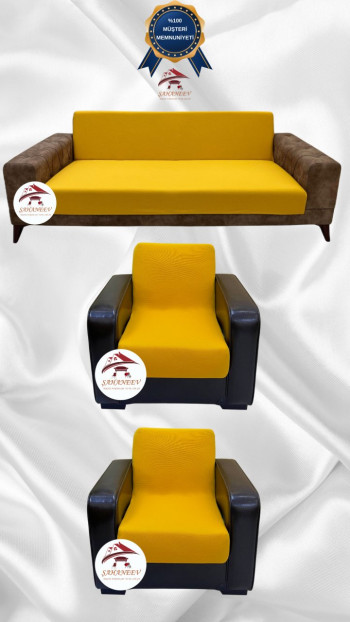 Mikro Kumaş Lastikli Kolsuz Koltuk Örtüsü - Kaymaz Elastik Koltuk Koruyucu Hardal Renk 3+1+1 (3 Parça Set)