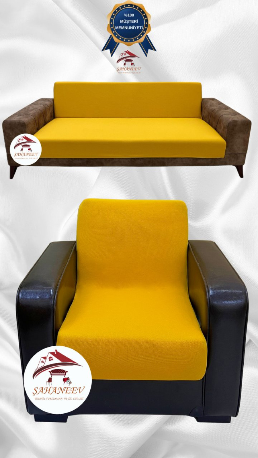 Mikro Kumaş Lastikli Kolsuz Koltuk Örtüsü - Kaymaz Elastik Koltuk Koruyucu Hardal Renk 3+1 (2 Parça Set)