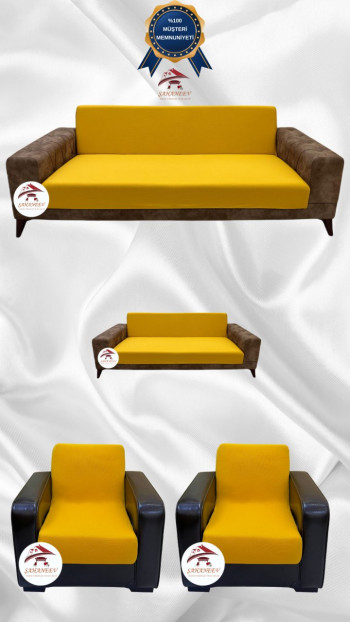 Mikro Kumaş Lastikli Kolsuz Koltuk Örtüsü - Kaymaz Elastik Koltuk Koruyucu Hardal Renk 3+2+1+1 (4 Parça Set)