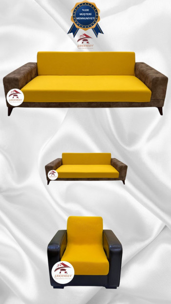 Mikro Kumaş Lastikli Kolsuz Koltuk Örtüsü - Kaymaz Elastik Koltuk Koruyucu Hardal Renk 3+2+1 (3 Parça Set)