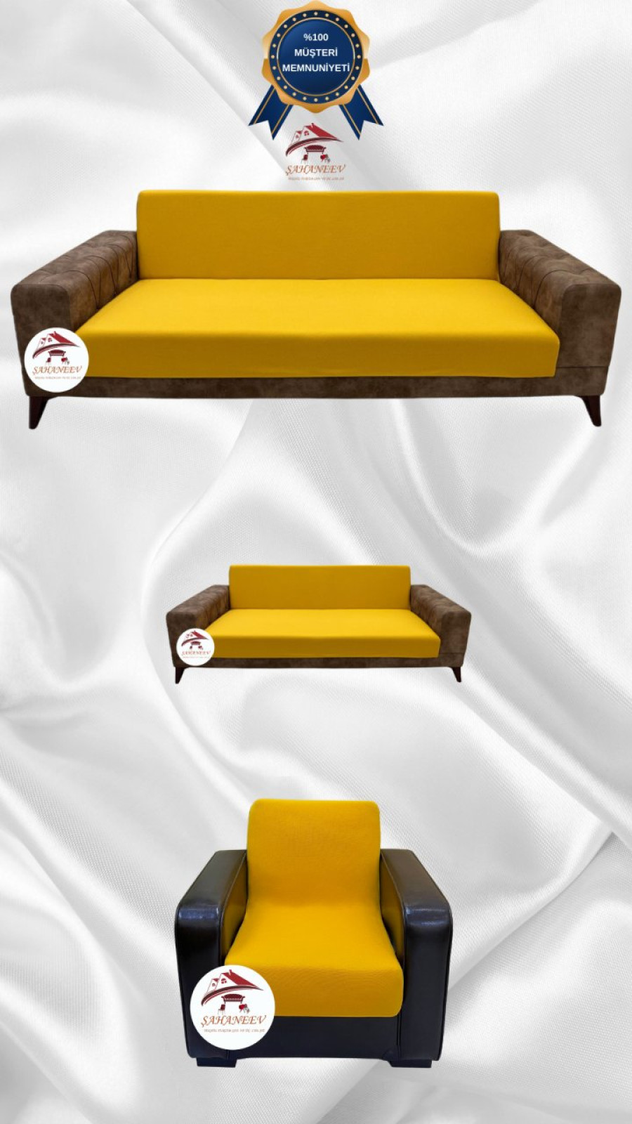 Mikro Kumaş Lastikli Kolsuz Koltuk Örtüsü - Kaymaz Elastik Koltuk Koruyucu Hardal Renk 3+2+1 (3 Parça Set)