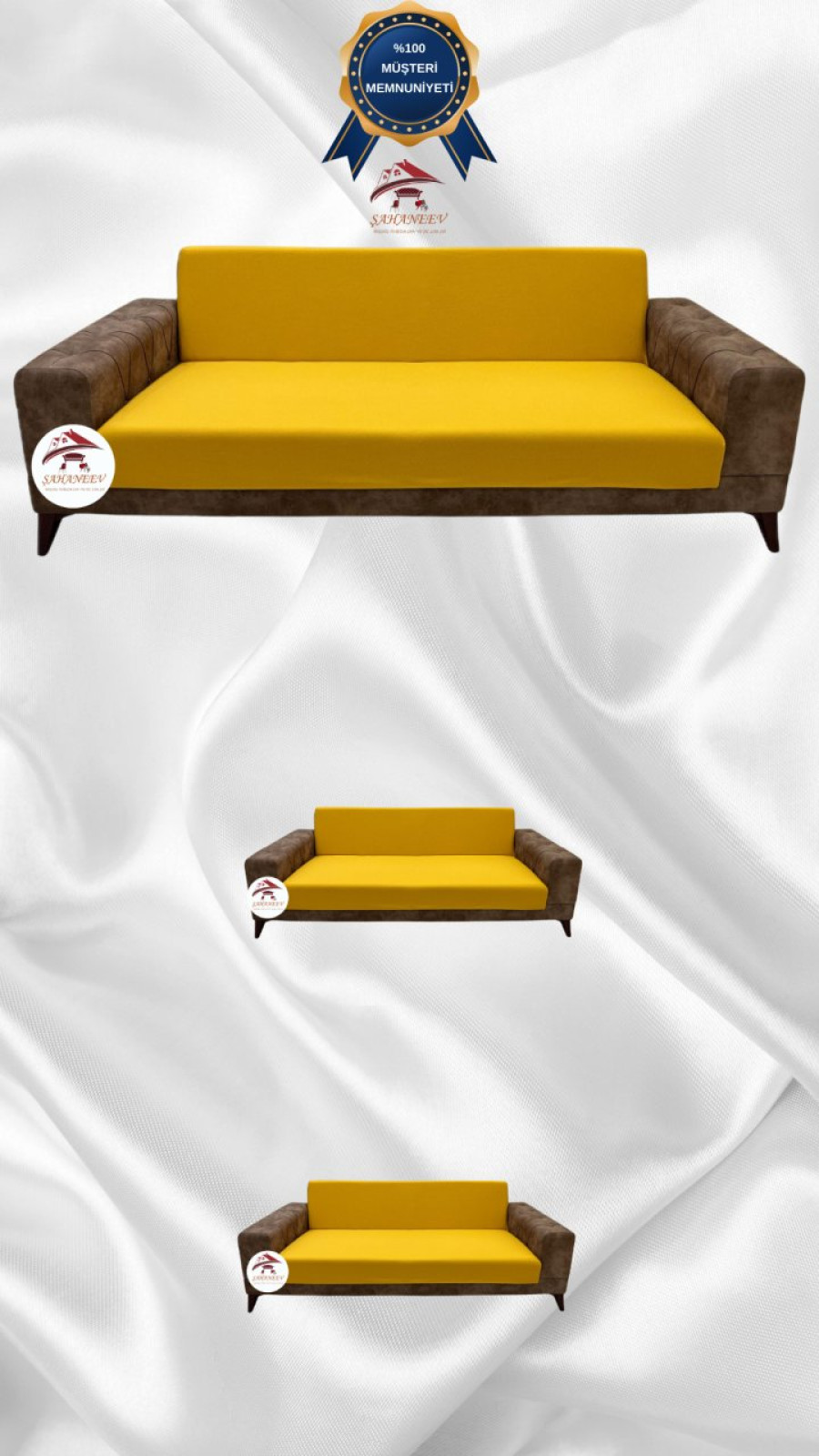 Mikro Kumaş Lastikli Kolsuz Koltuk Örtüsü - Kaymaz Elastik Koltuk Koruyucu Hardal Renk 3+2+2 (3 Parça Set) Özel Ölçü