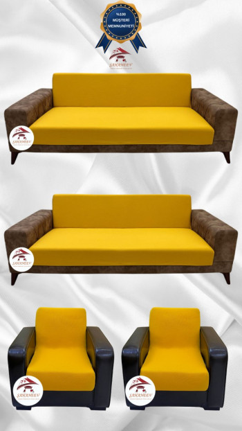 Mikro Kumaş Lastikli Kolsuz Koltuk Örtüsü - Kaymaz Elastik Koltuk Koruyucu Hardal Renk 3+3+1+1 (4 Parça Set)
