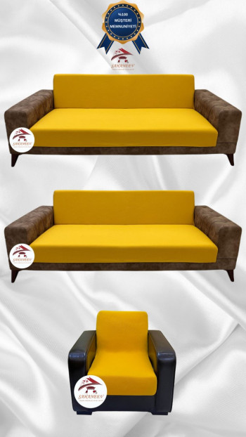 Mikro Kumaş Lastikli Kolsuz Koltuk Örtüsü - Kaymaz Elastik Koltuk Koruyucu Hardal Renk 3+3+1 (3 Parça Set)
