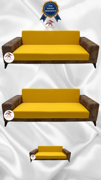 Mikro Kumaş Lastikli Kolsuz Koltuk Örtüsü - Kaymaz Elastik Koltuk Koruyucu Hardal Renk 3+3+2 (3 Parça Set)
